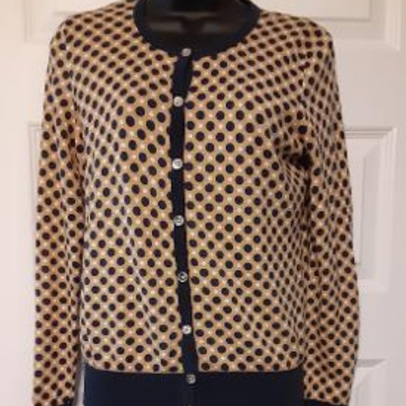 Ann Taylor Tan Cardigan with Navy White Polka Dots - Picture 2 of 7